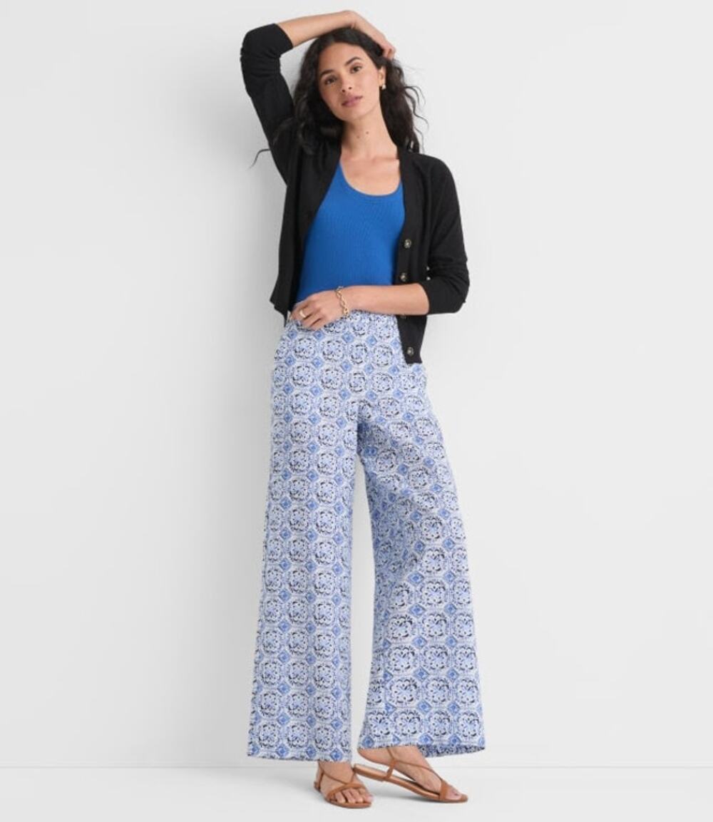 Loft NWT Women's Petite Pull On Wide Leg Pants In Mosaic Linen Cotton M Petite